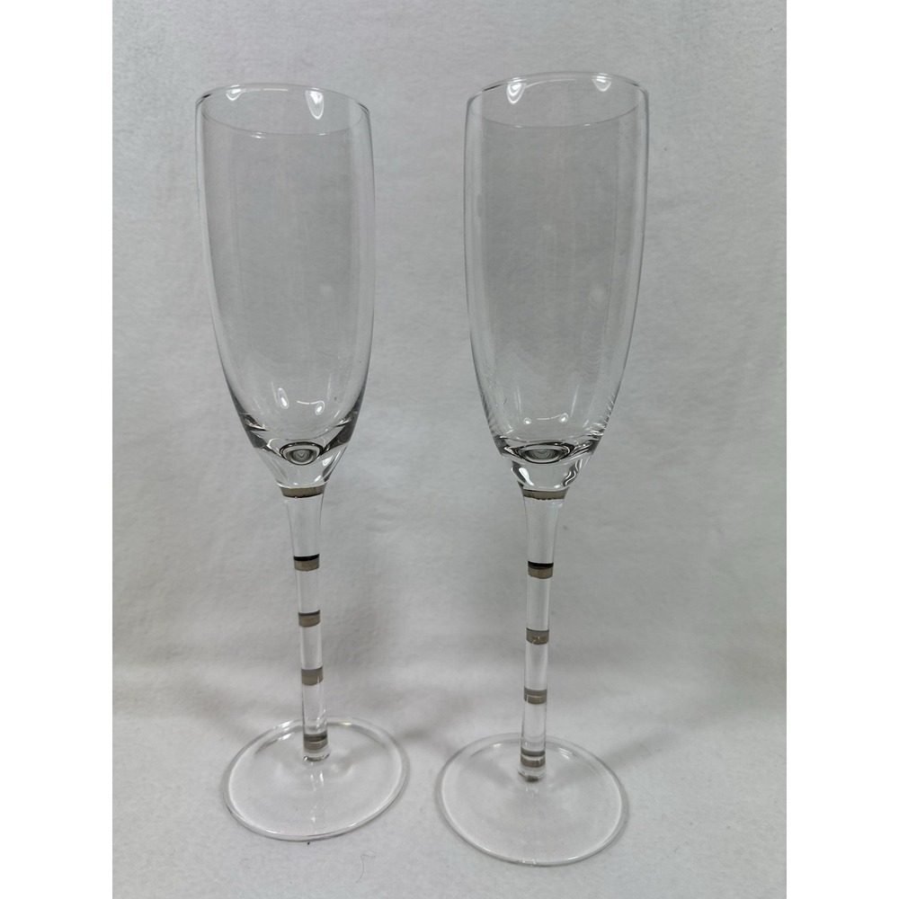 Champagne Flutes/Glasses Silver Banded Stems 9.25" Set Of 2/Pair Wedding Toast